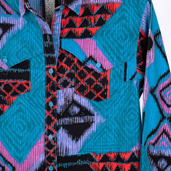Vintage 90s Women's Wrangler Western Shirt LARGE Statement Aztec Tribal Colorful - Picture 4 of 7
